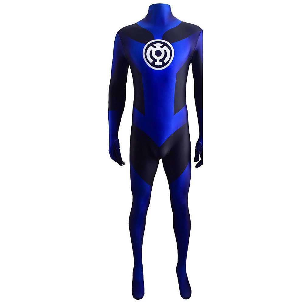 DC Blue Lantern Corps cosplay jumpsuit in blue and black with a white chest emblem