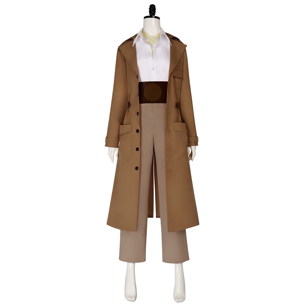 Cassandra Nova cosplay costume tan trench coat over white shirt and tube top