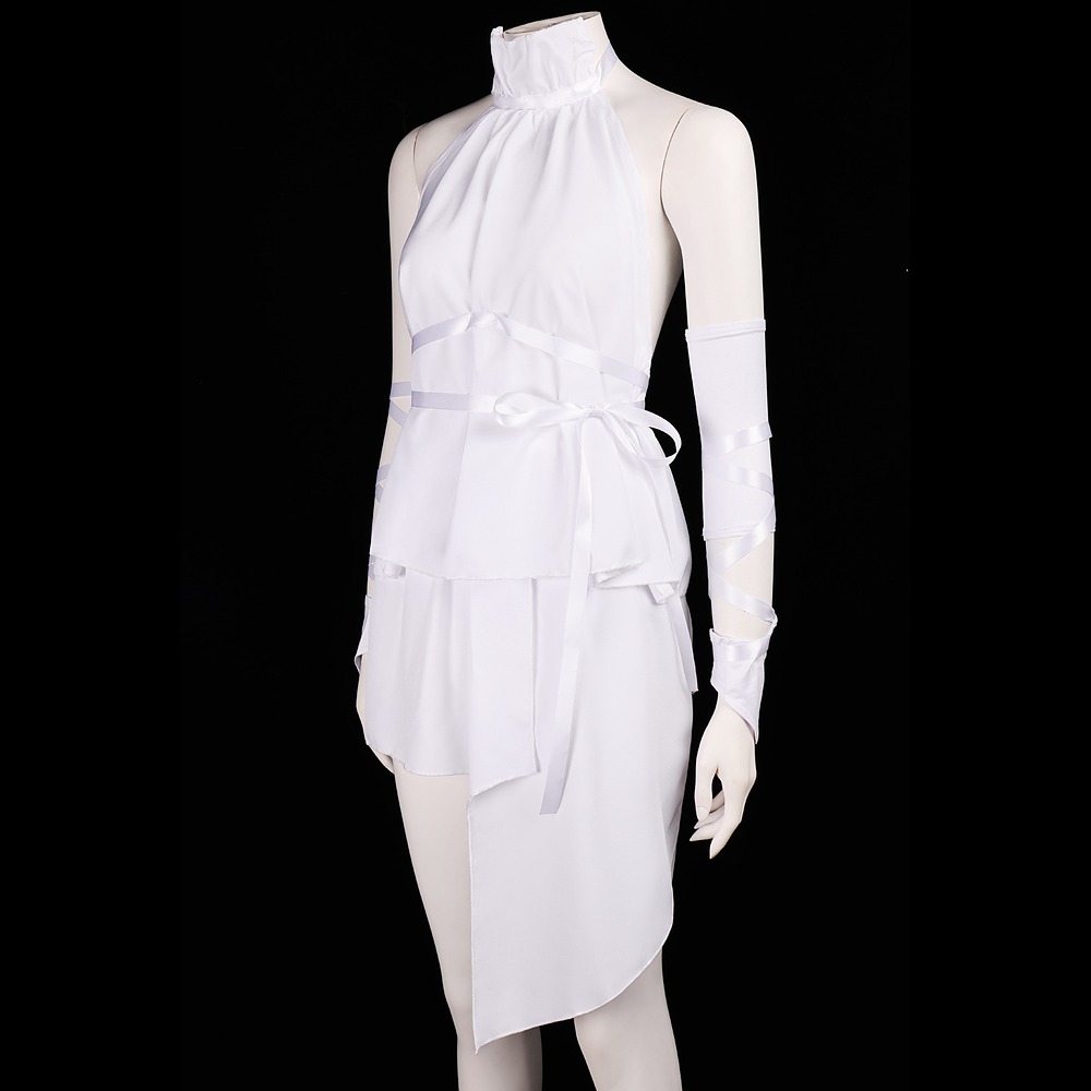 Death Stranding 2 Tomorrow cosplay costume white ruffled halter top and asymmetric skirt, front view
