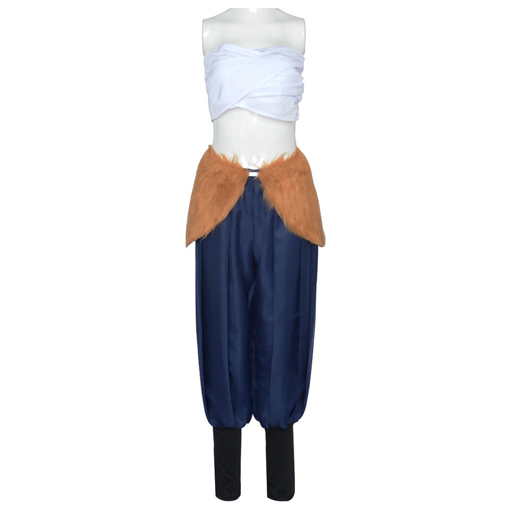 Female Inosuke Hashibira cosplay costume with white tube top, navy pants and fur waist piece