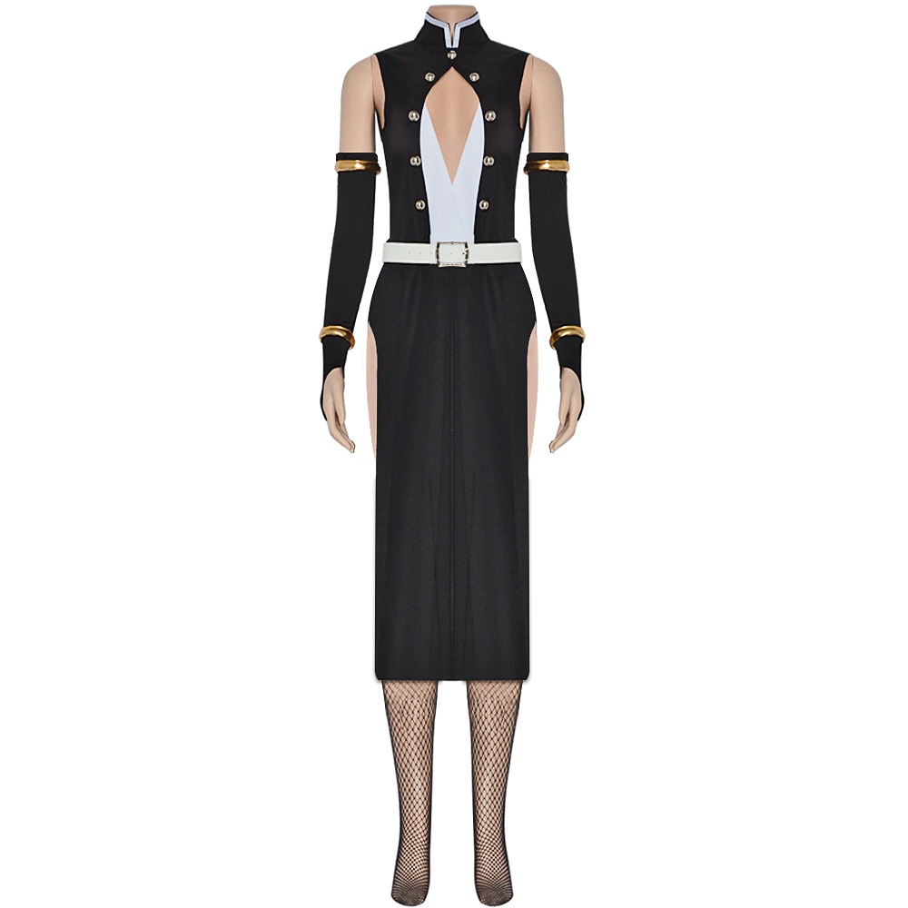 Tengen Uzui female version cosplay costume with black sleeveless Corps dress and gold arm rings