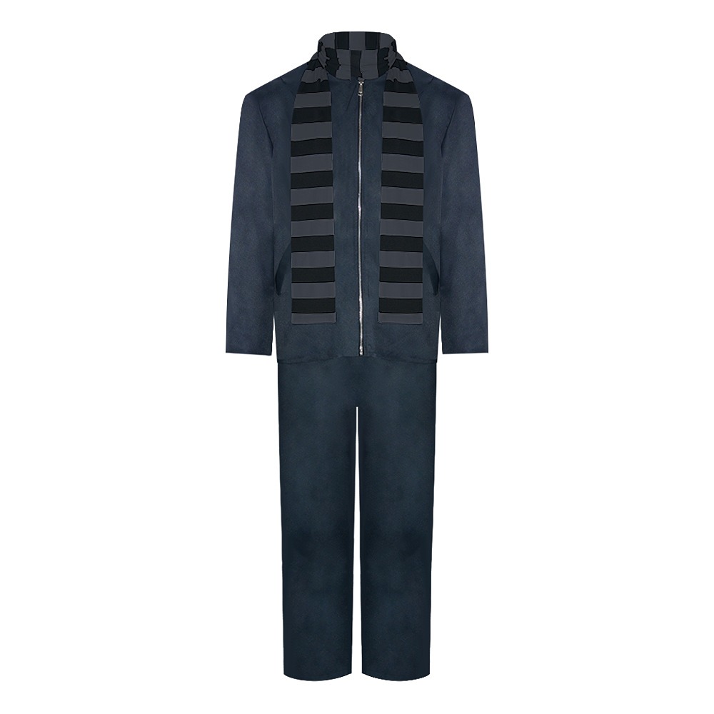 Gru cosplay costume with dark grey zip jacket, pants and black and grey striped scarf