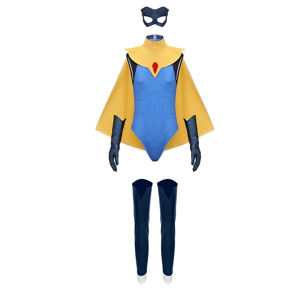 Dispatch Blonde Blazer cosplay costume with blue bodysuit, yellow cape and red gem collar