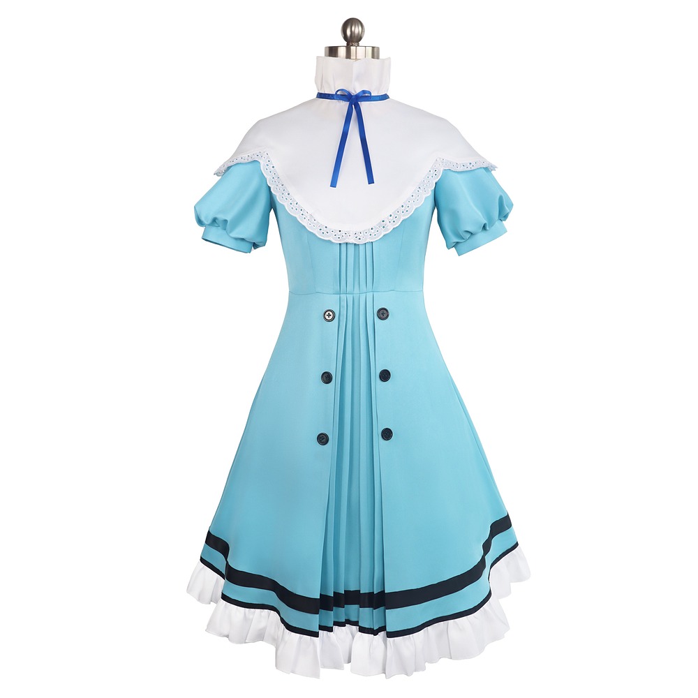 Dive in Wonderland Alice cosplay costume with light blue puff sleeve dress and white lace capelet