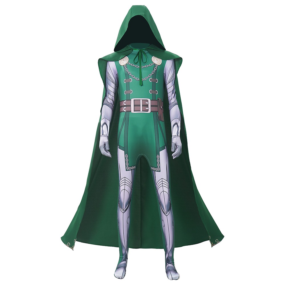 Doctor Doom printed jumpsuit with green hooded cape costume