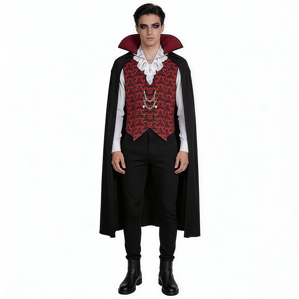 Men's Dracula vampire costume with black cape, red collar, red-and-black brocade vest shirt and black pants