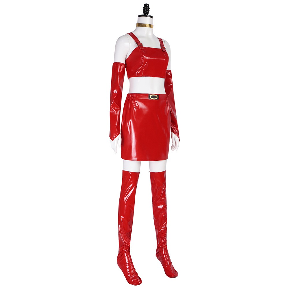 Dragon Ball Bulma cosplay costume with red patent crop top, mini skirt and gold choker