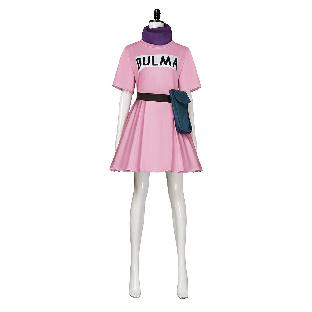 Dragon Ball Bulma pink dress costume with purple scarf, belt, waist bag and red hair bow, front view