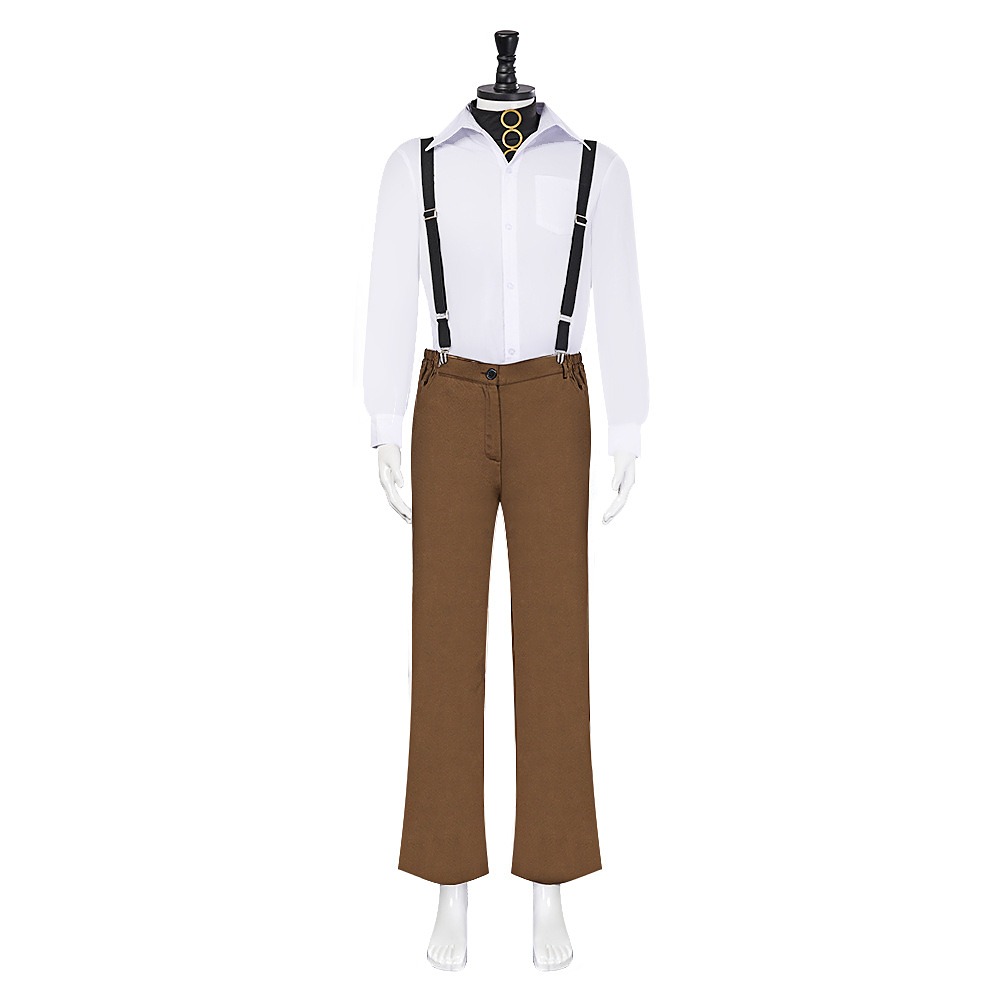 Edward Scissorhands costume with white shirt, brown trousers, suspenders and black gold-ring top
