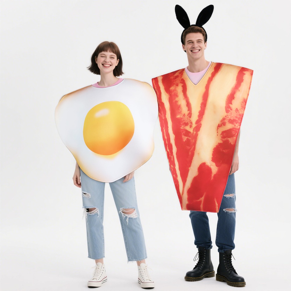 Couple wearing fried egg and bacon strip pullover tunic costumes
