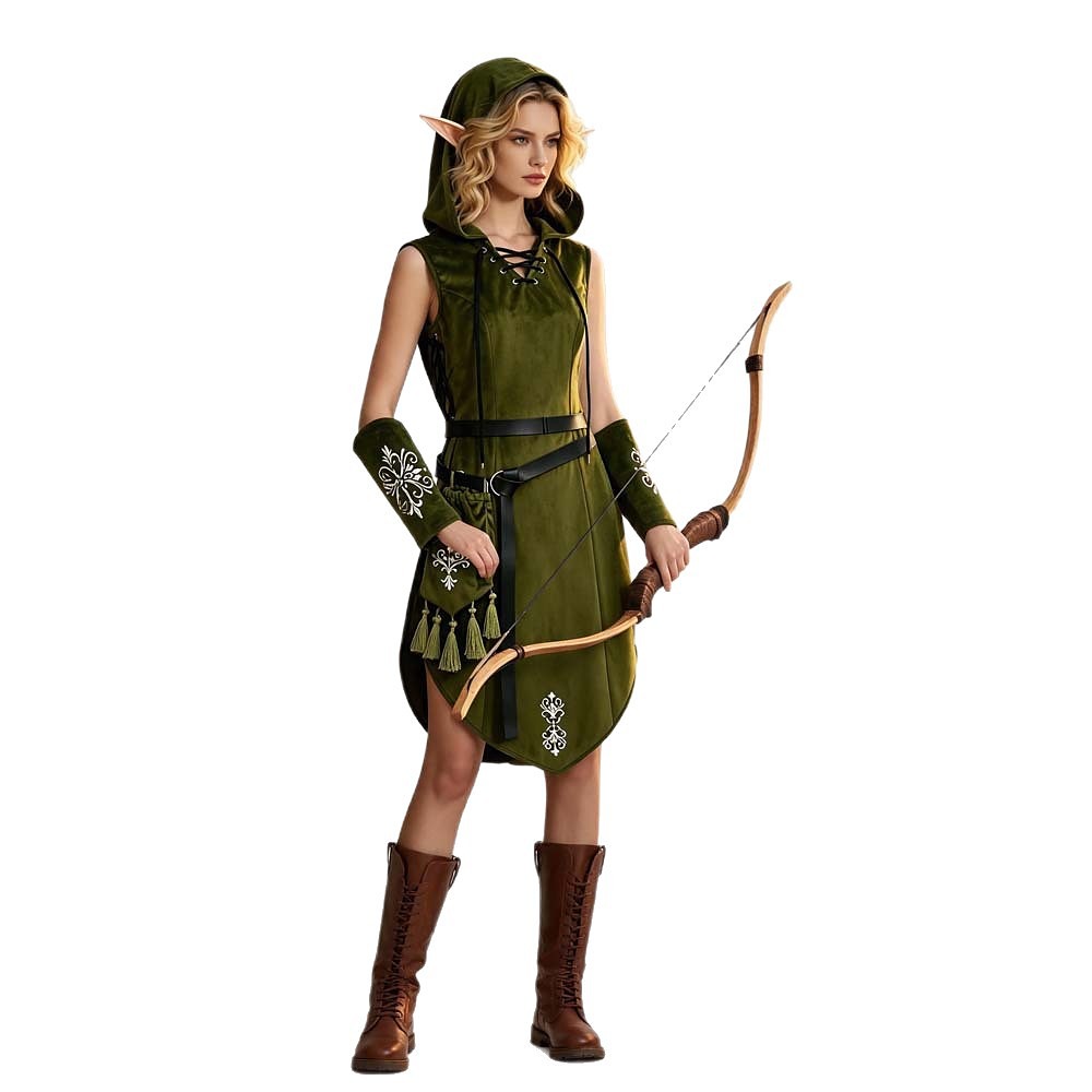 Elf Archer Queen green velvet hooded tunic dress with pouch and arm sleeves