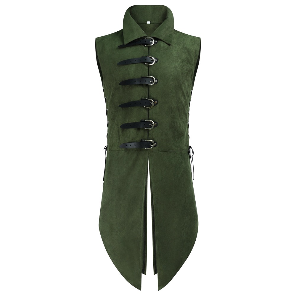 Green long faux suede woodland elf vest with buckled straps, front view