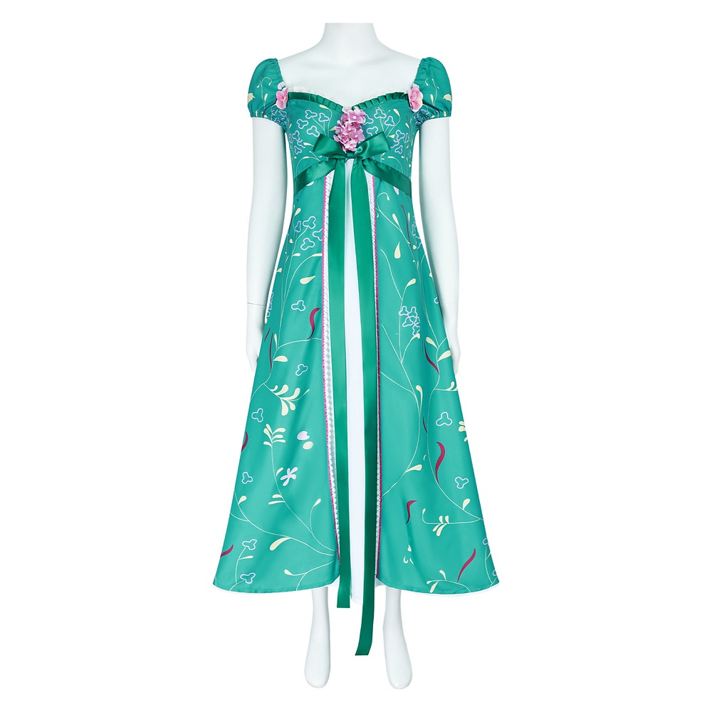 Enchanted Giselle teal green floral dress with puff sleeves, green satin bow and pink flower accessory