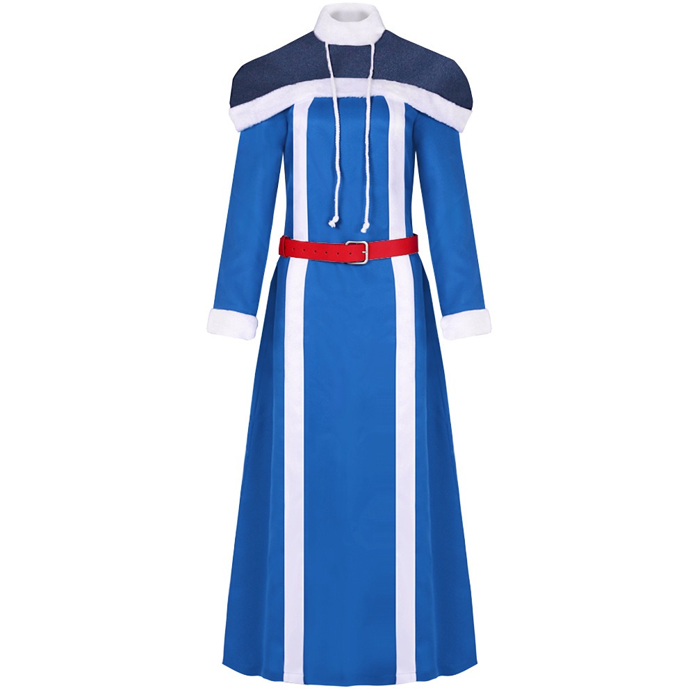 Fairy Tail Juvia Lockser costume with blue long dress, navy fur trim capelet, Cossack hat and red belt