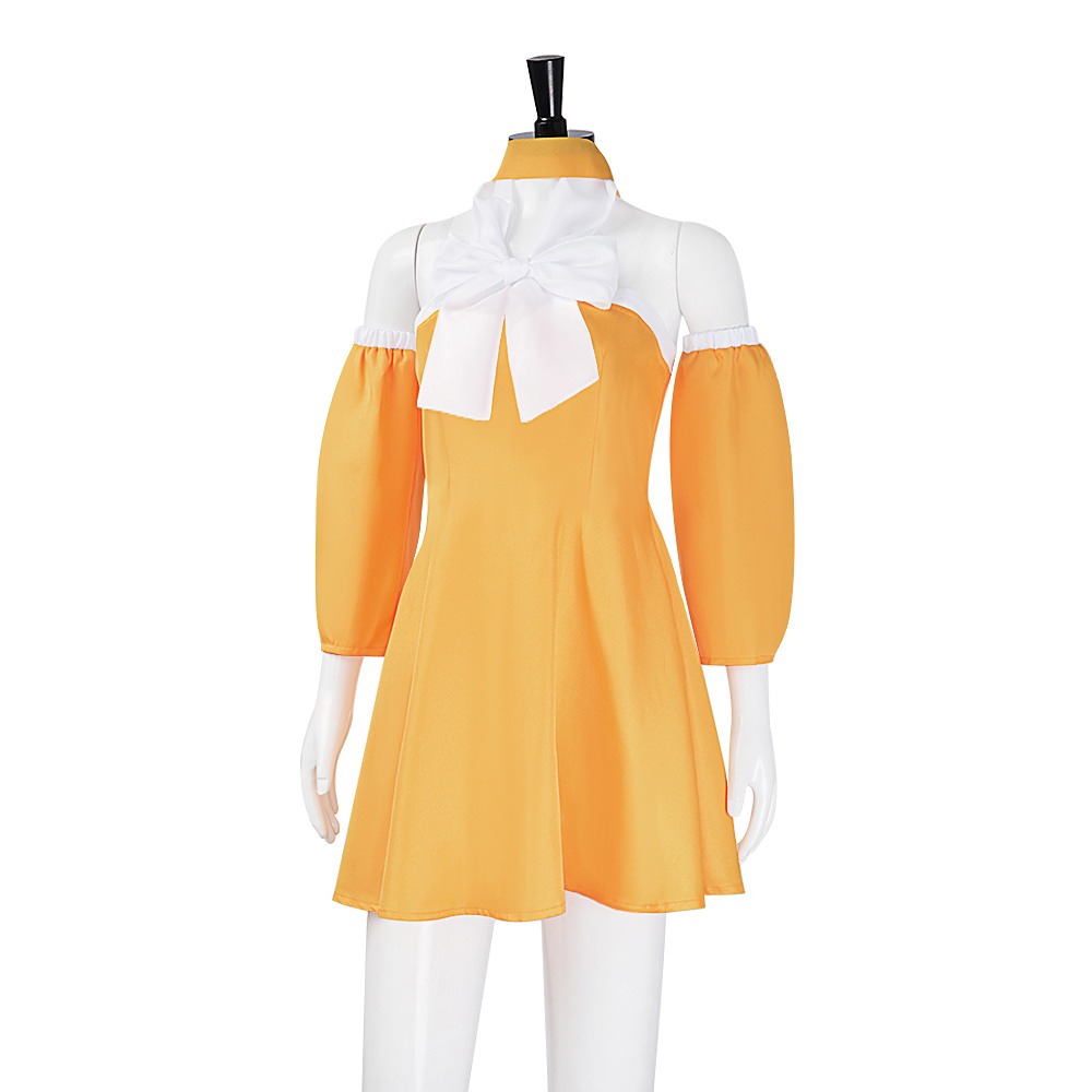 Levy McGarden Fairy Tail orange strapless dress with white bow and puff sleeves