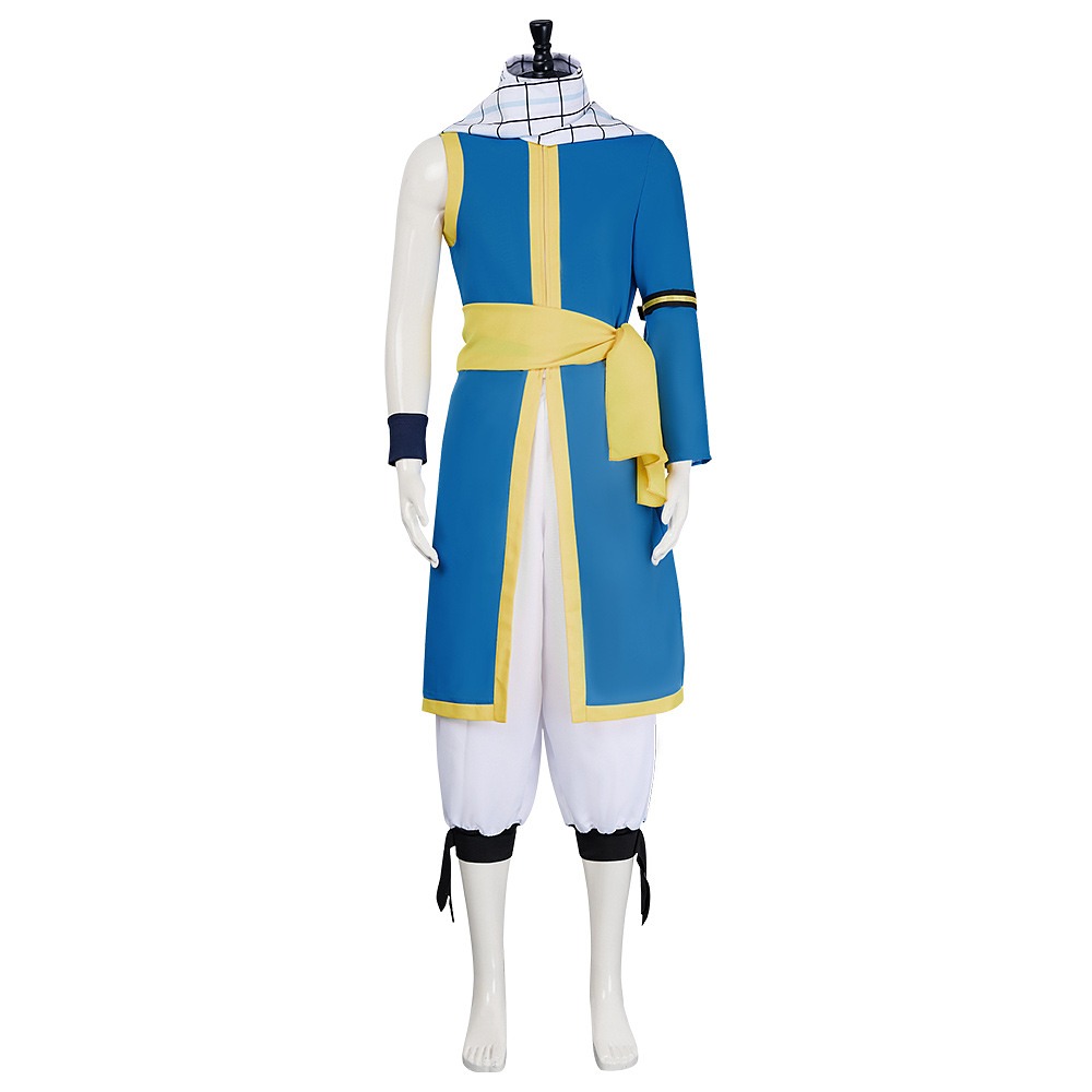 Blue Natsu Dragneel cosplay coat with yellow sash and white scale-pattern scarf