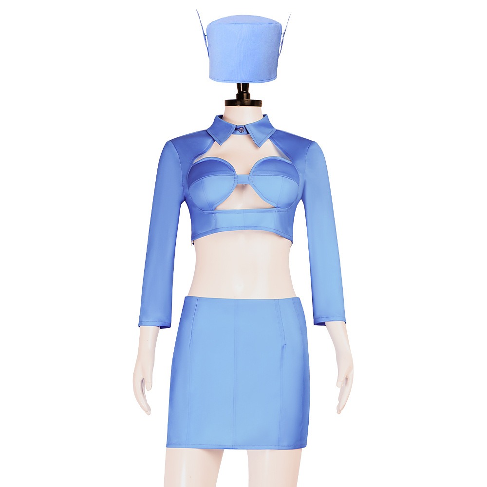 The Fifth Element light blue flight attendant cropped jacket, mini skirt and winged pillbox hat costume