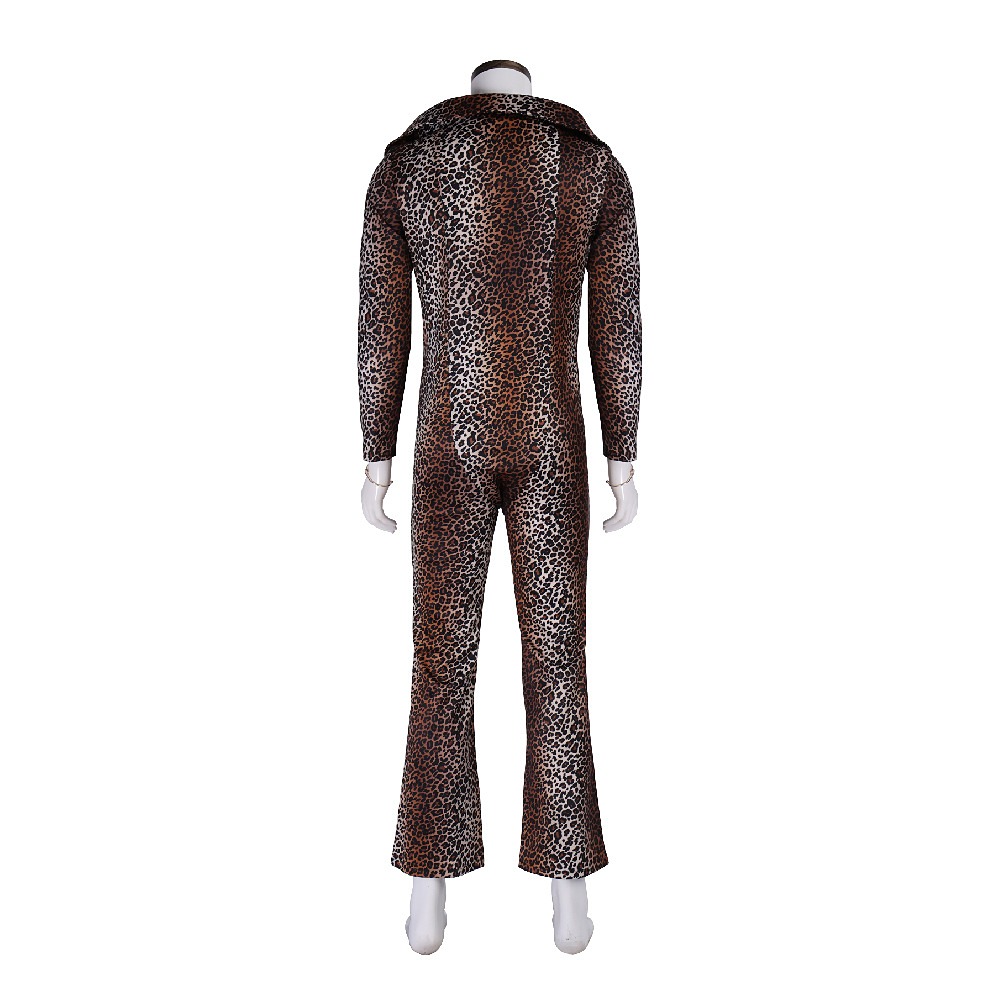 Ruby Rhod leopard print jumpsuit with wide collar, red gem neck ornament and bracelets