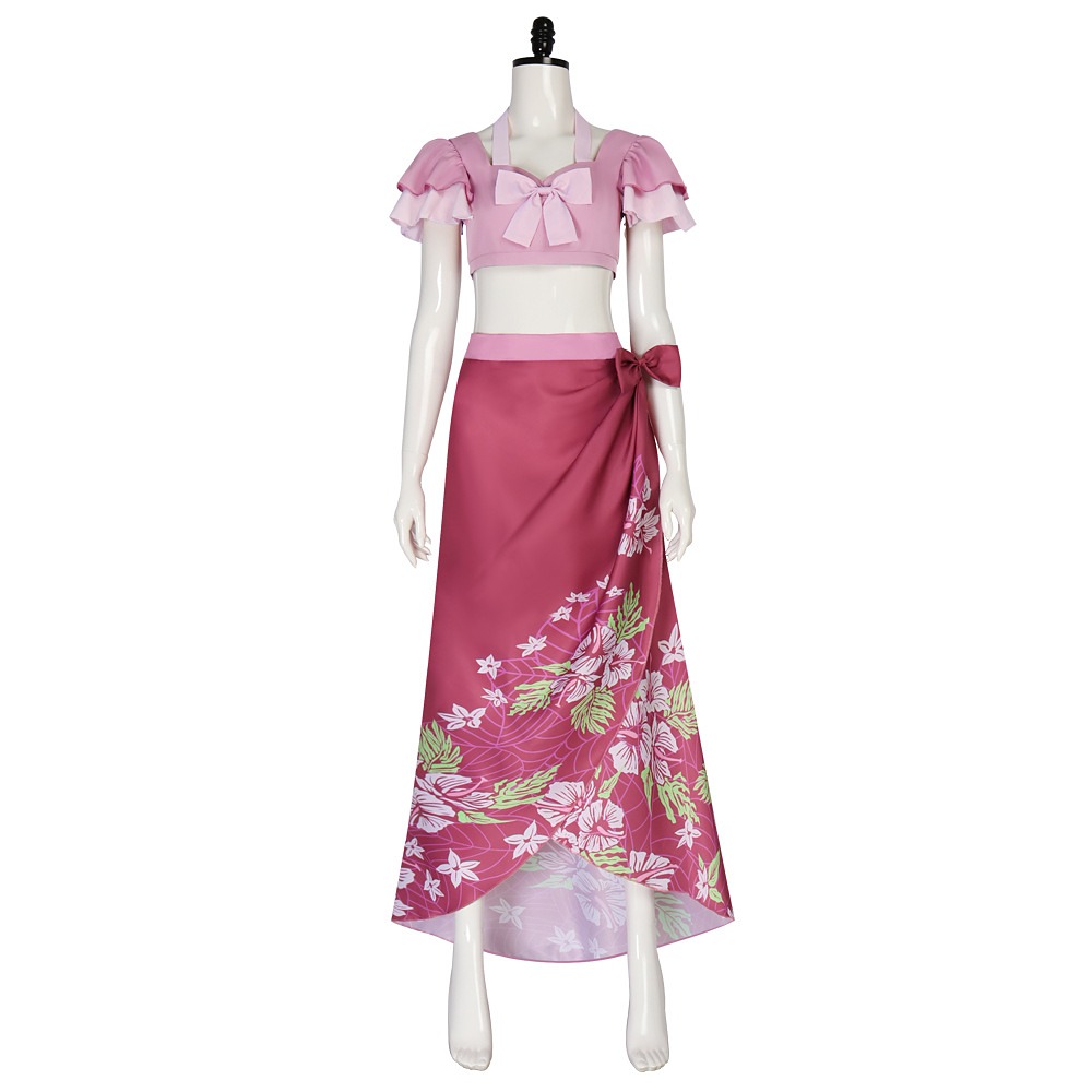 Final Fantasy VII Aerith Gainsborough pink puff-sleeve crop top and rose floral wrap skirt cosplay costume