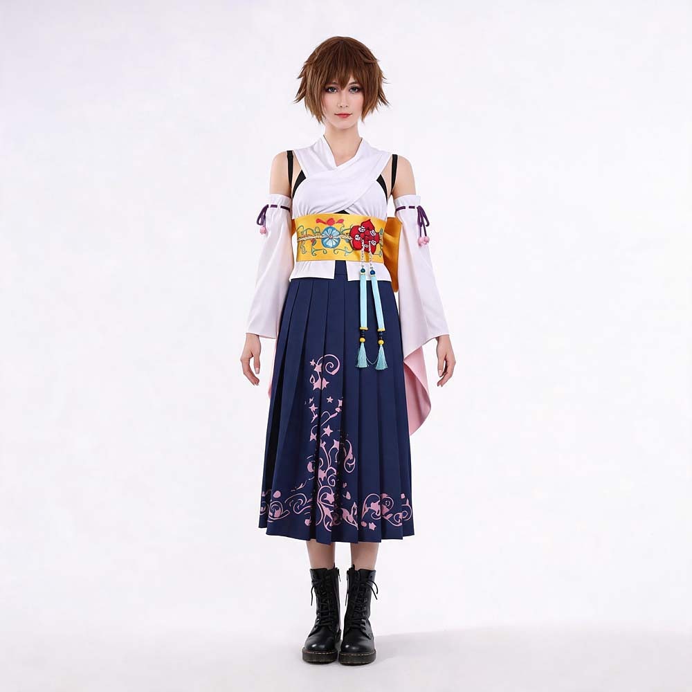 Final Fantasy X Yuna costume with white wrap top, pink-lined detached sleeves, yellow obi bow and navy floral skirt