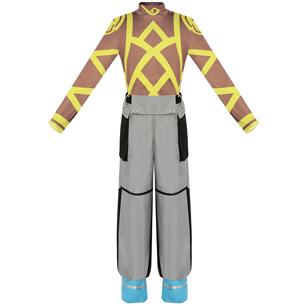 Fire Force Ogun Montgomery brown top with yellow pattern and grey cargo trousers