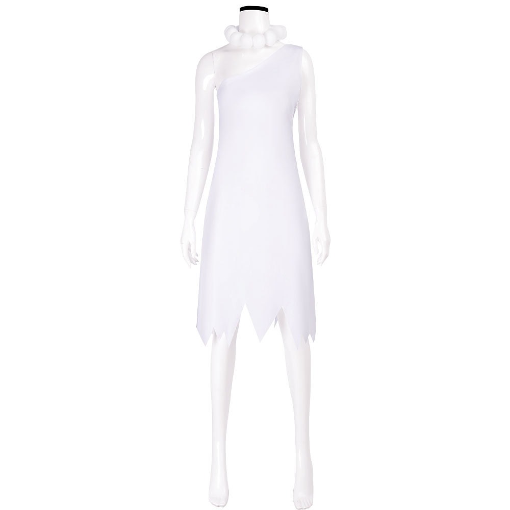 Wilma Flintstone white one-shoulder dress with zigzag hem and pompom necklace
