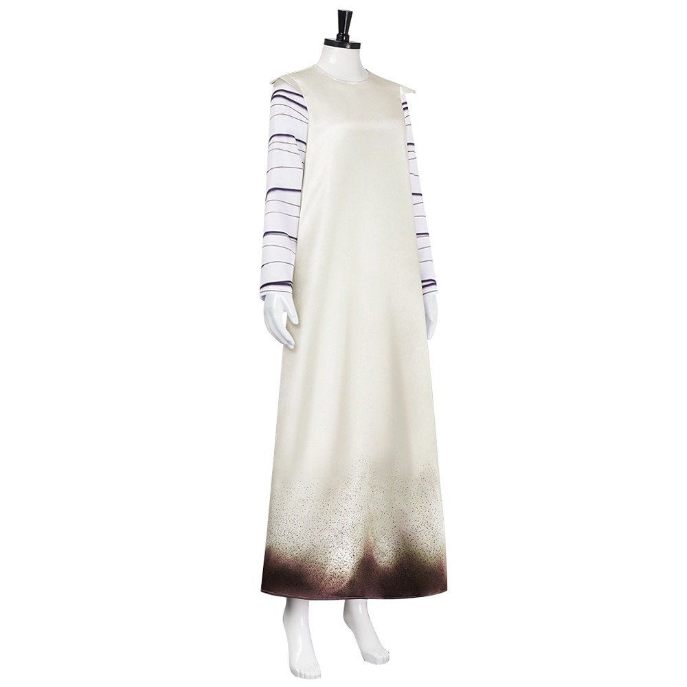 Frankenstein Elizabeth ivory long gown with attached striped sleeves and distressed hem