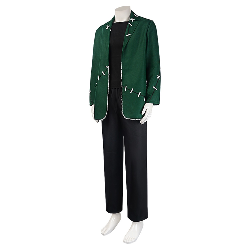 Frankenstein Monster costume with a green stitched jacket, black T-shirt and black pants