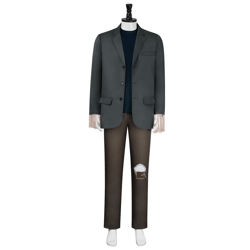 Frankenstein Monster costume with grey suit jacket, navy T-shirt and patched brown trousers