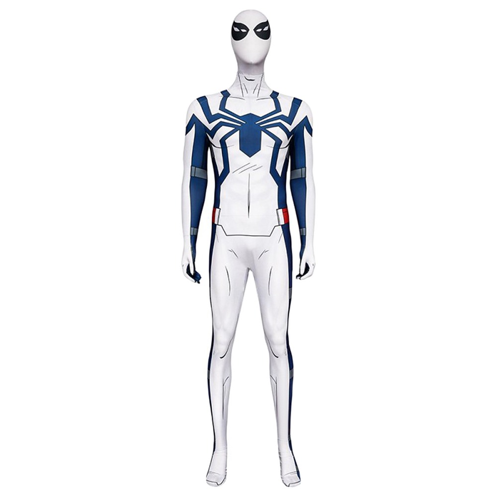 Your Friendly Neighborhood Spider-Man Oscorp cosplay jumpsuit in white and navy, front view