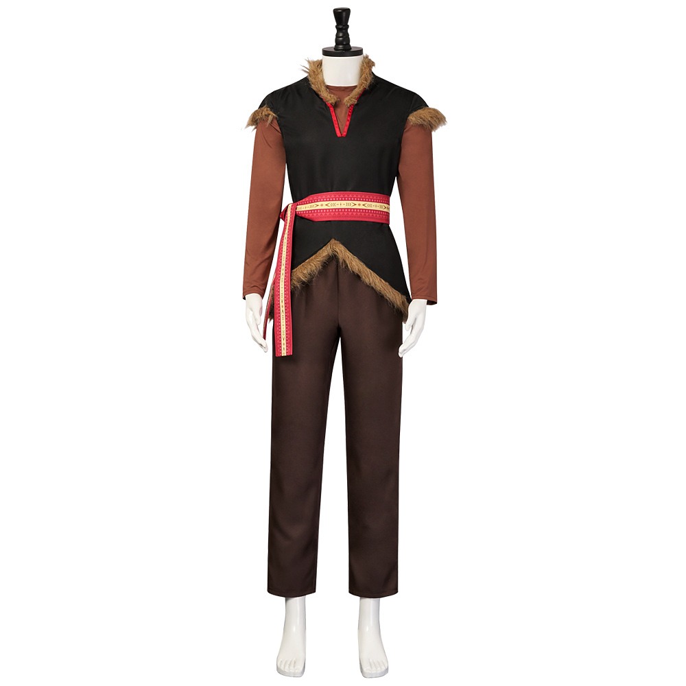 Frozen 2 Kristoff costume with black fur-trim tunic vest, brown shirt, red sash and trousers