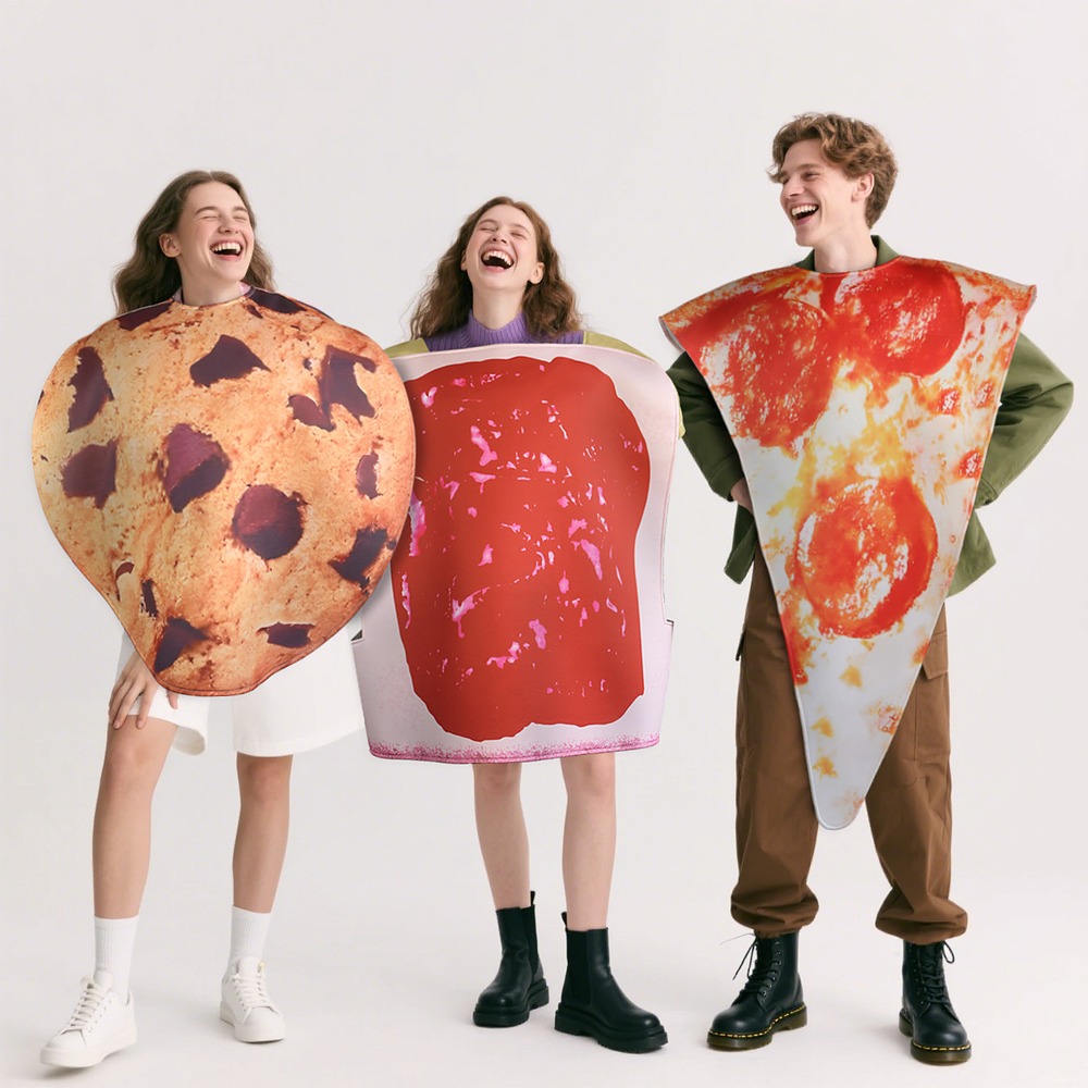 Chocolate chip cookie, beef slice and pizza slice Halloween food tunic costumes