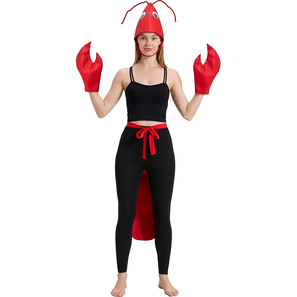 Funny red lobster costume with lobster hat, two claw gloves and segmented tail
