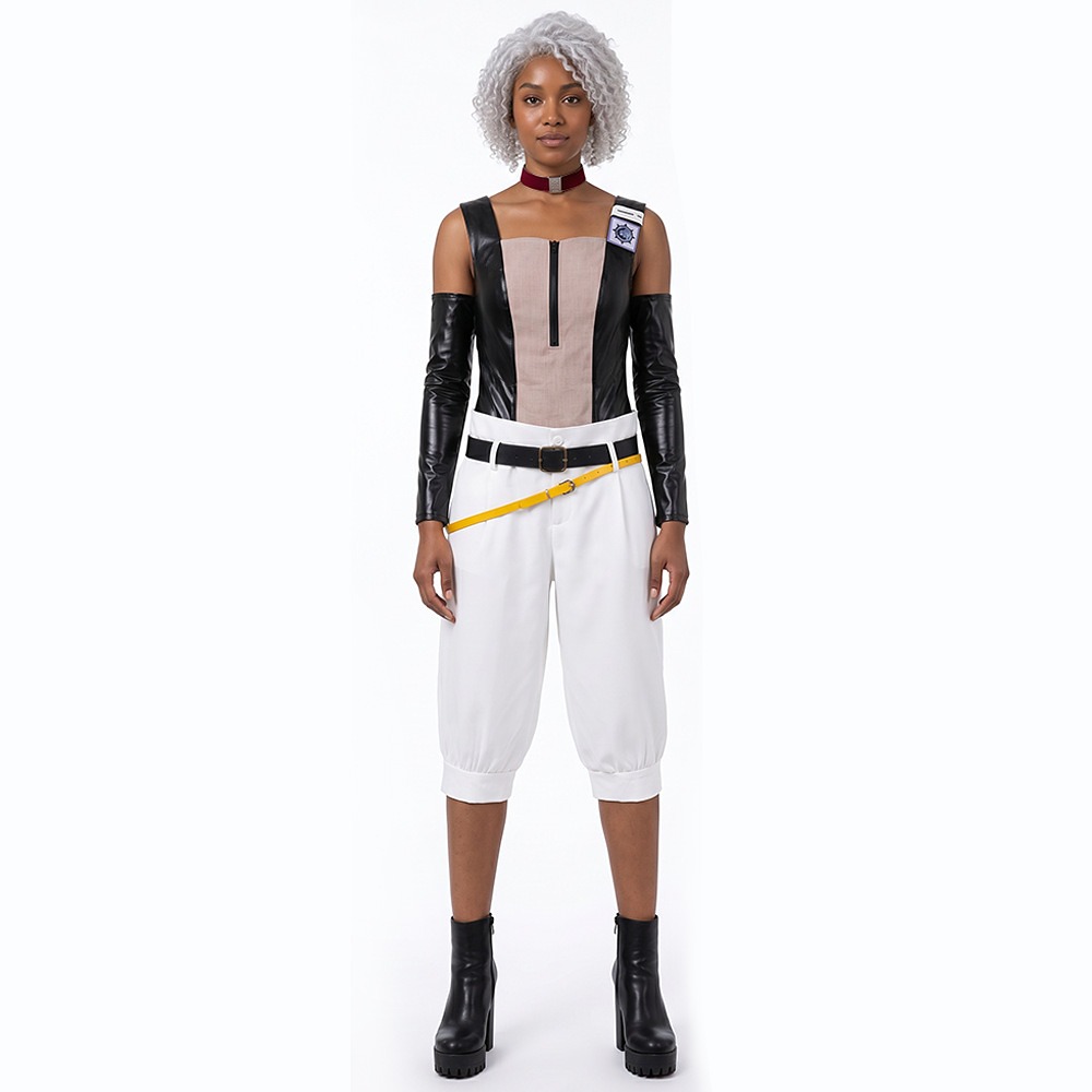 Gachiakuta Semiu Grier costume with black zip top, white pants, long black arm sleeves, two belts and choker