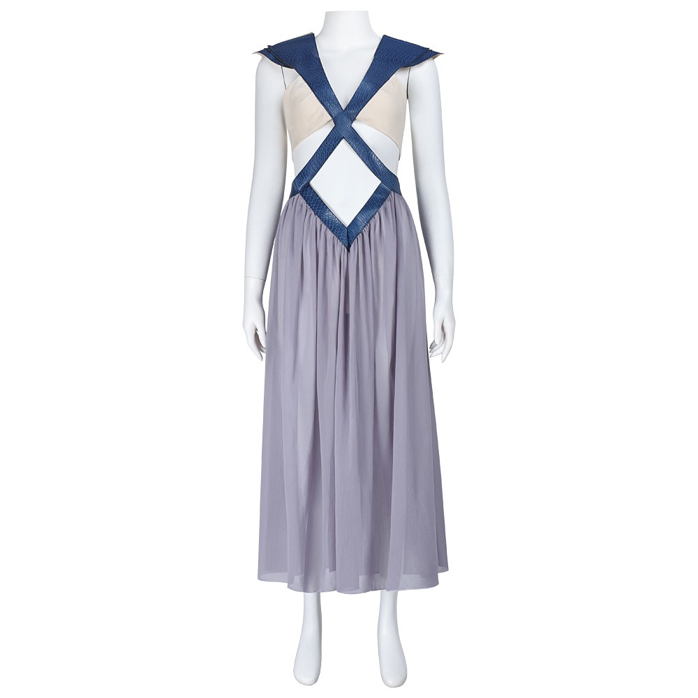 Daenerys Targaryen lavender Qarth gown with blue crisscross straps and pointed shoulder pieces