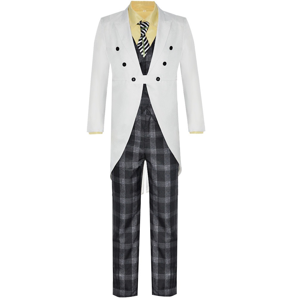 Gotham Jerome Valeska costume with white tailcoat, yellow shirt, green vest, striped tie and plaid trousers