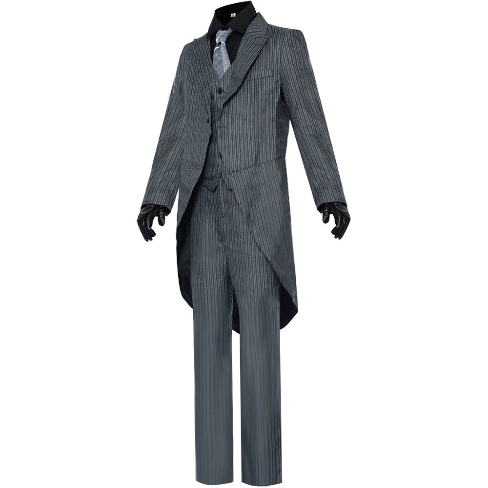 Gotham Penguin Oswald Cobblepot costume featuring a grey pinstripe tailcoat suit