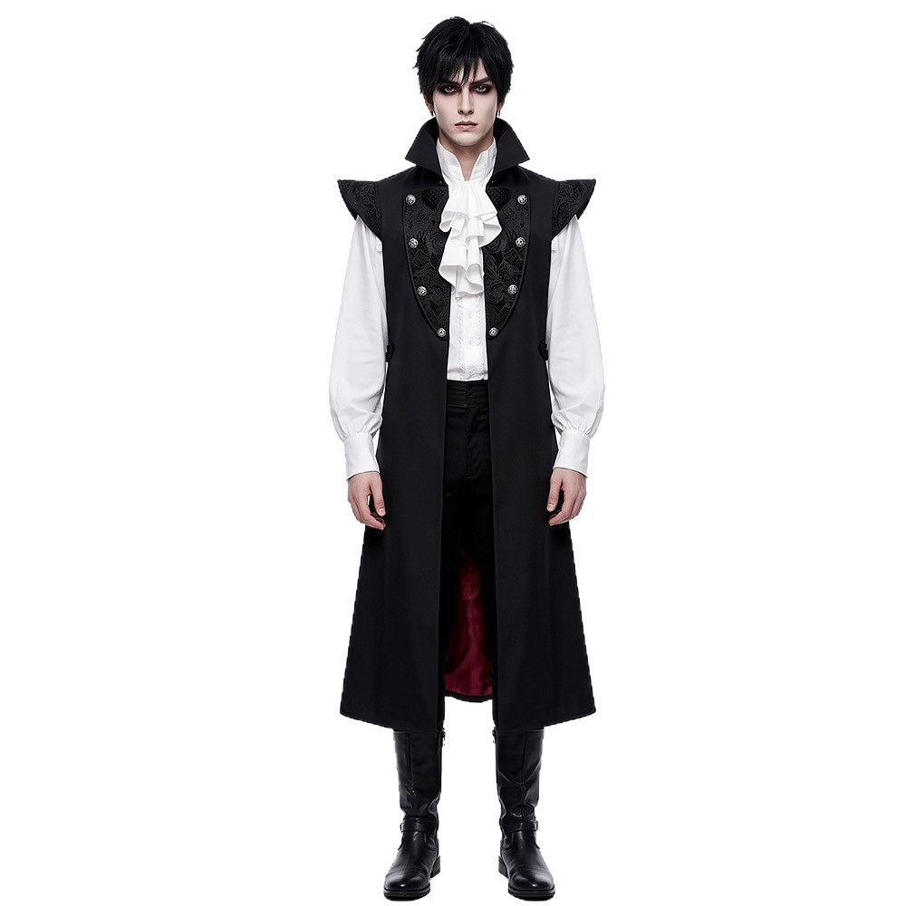 Men's gothic vampire count long black sleeveless coat with red lining, stand collar and silver buttons