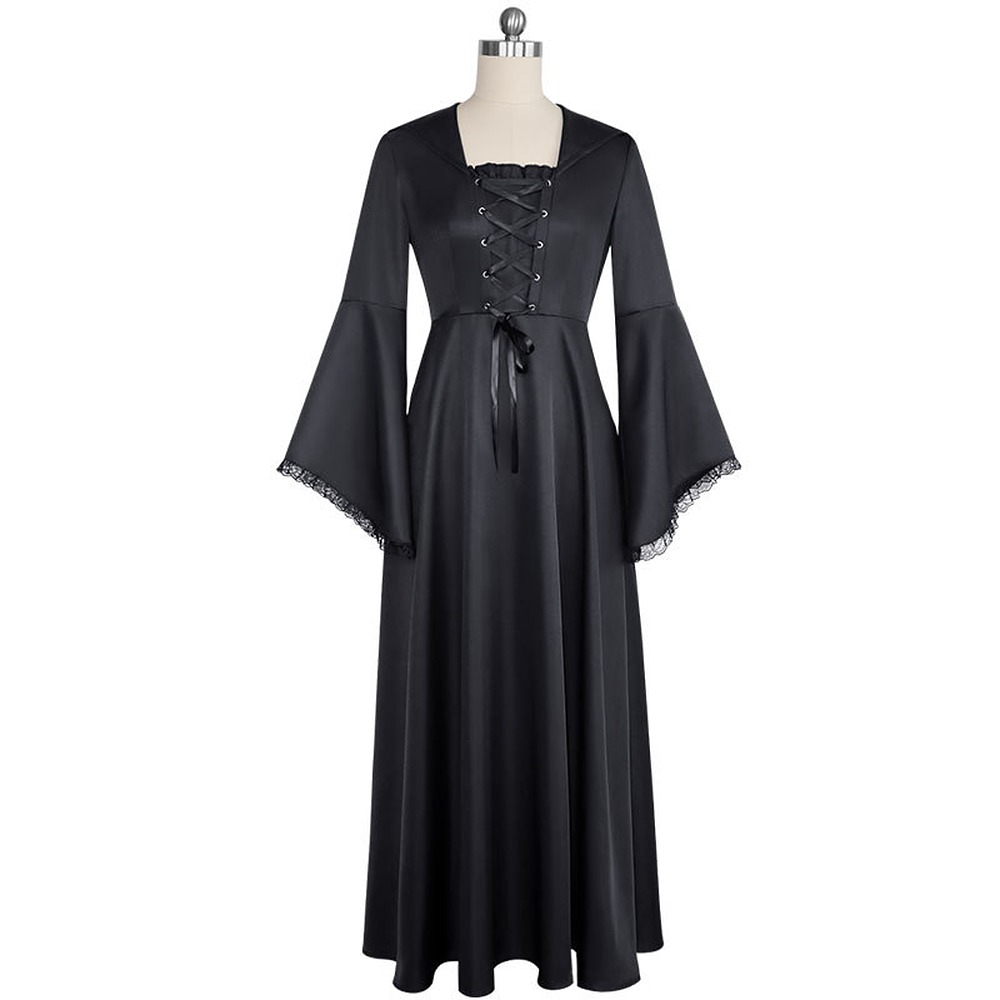 Black gothic witch hooded medieval dress with bell sleeves and lace-up bodice, front view