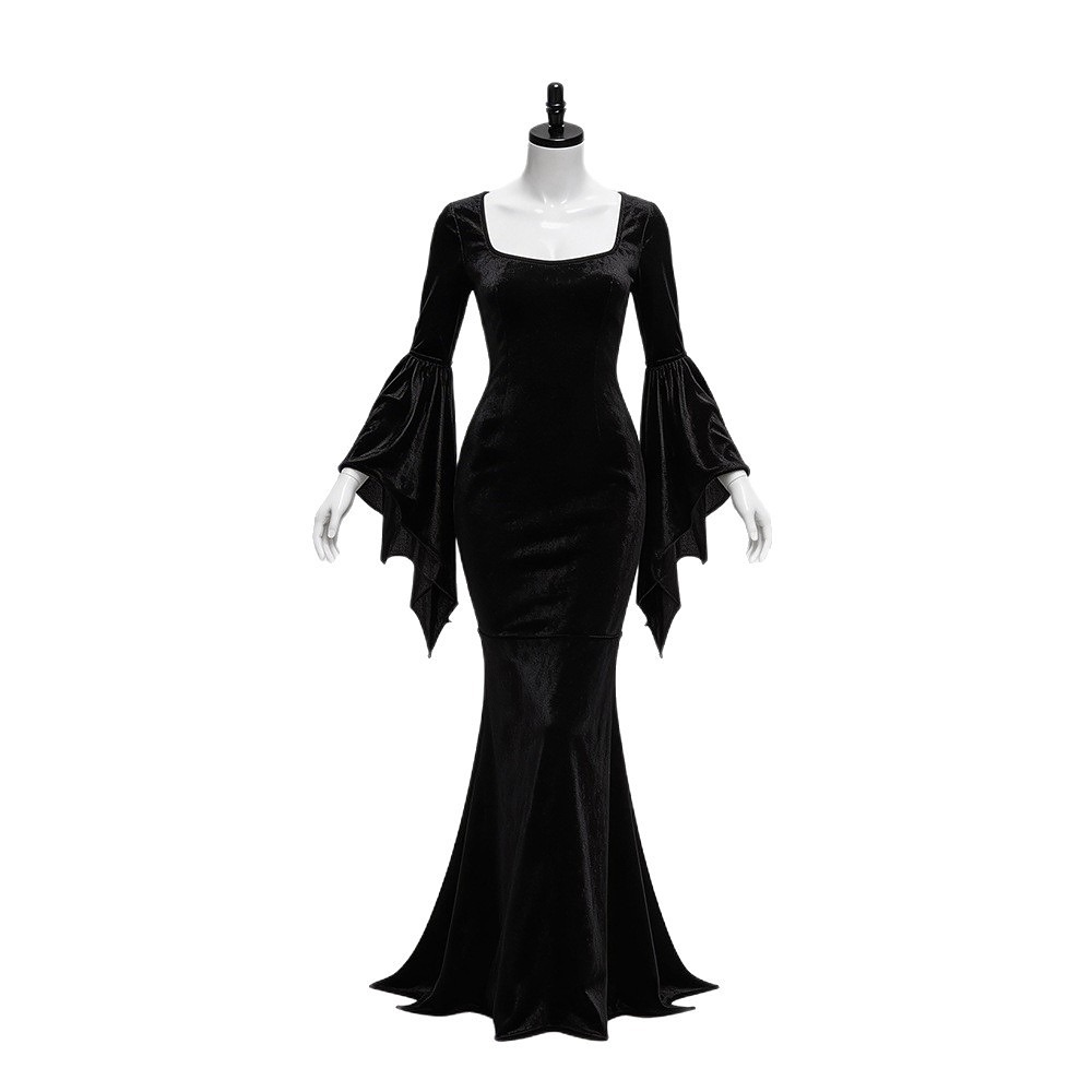Black velvet gothic mermaid dress with bat-wing sleeves and a square neckline