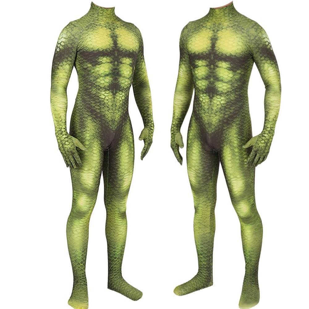 Green Goblin green scaly muscle print cosplay jumpsuit with attached gloves and feet