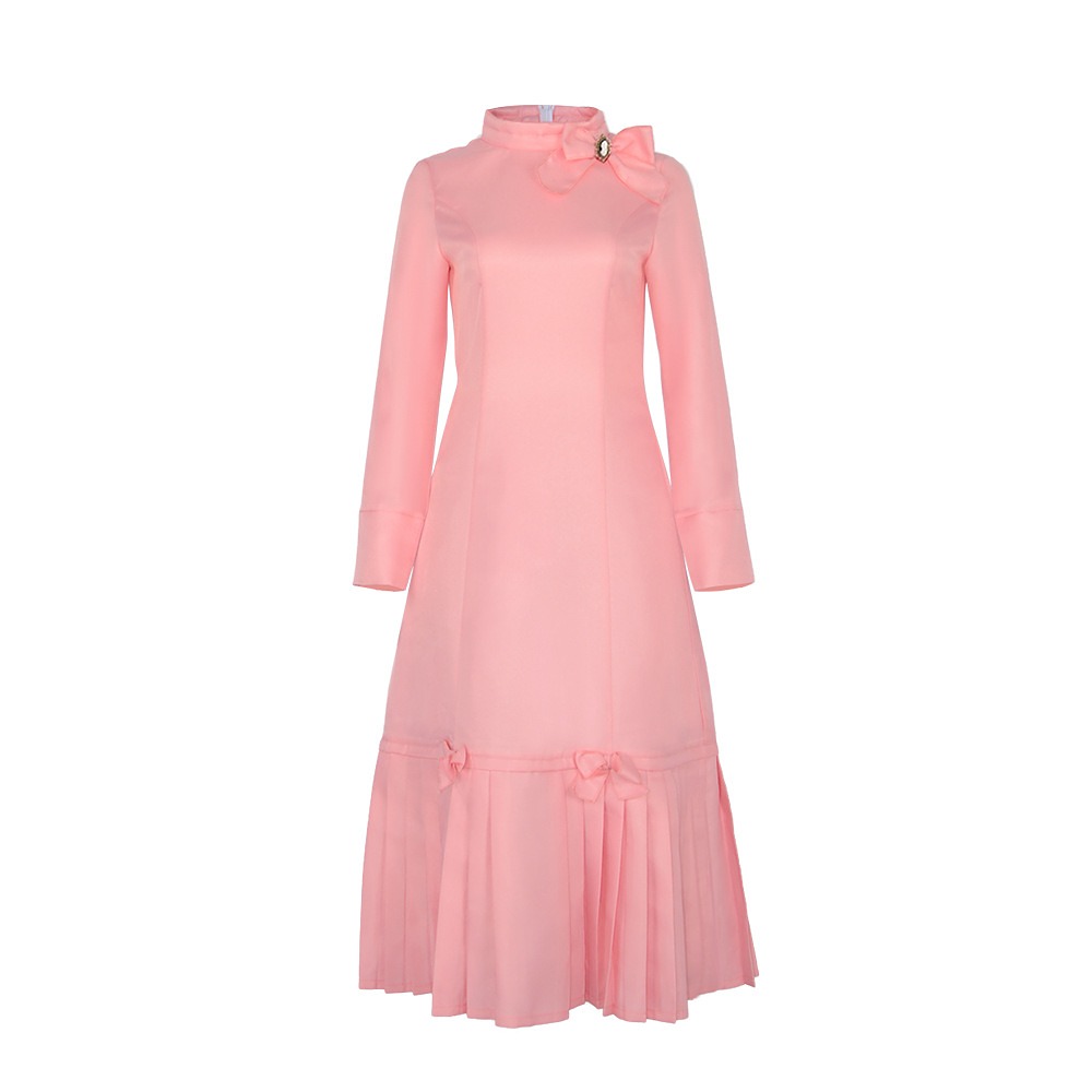 Dolores Umbridge pink long sleeve cosplay dress with pleated hem and collar bow