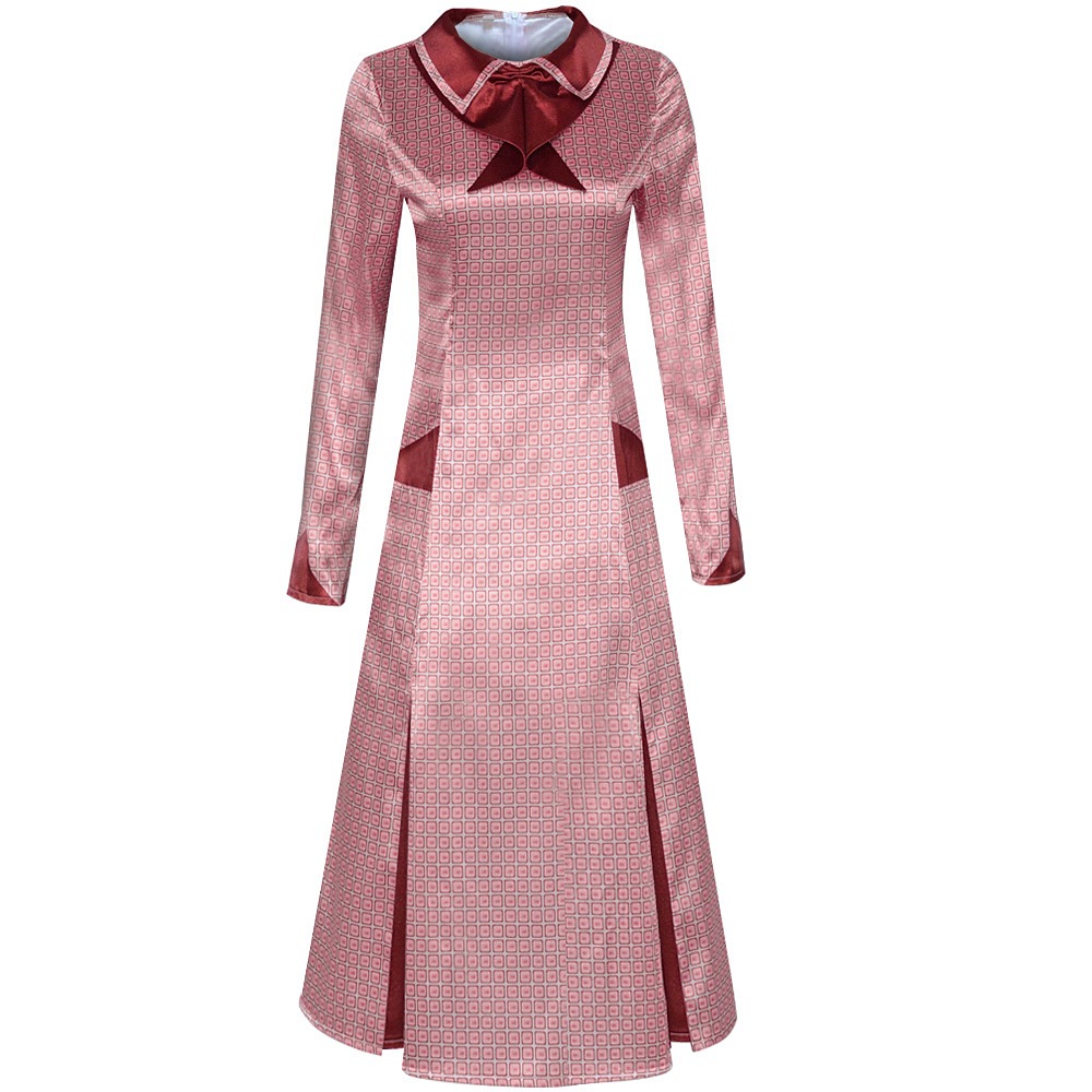 Dolores Umbridge long-sleeve pink satin dress with burgundy bow collar