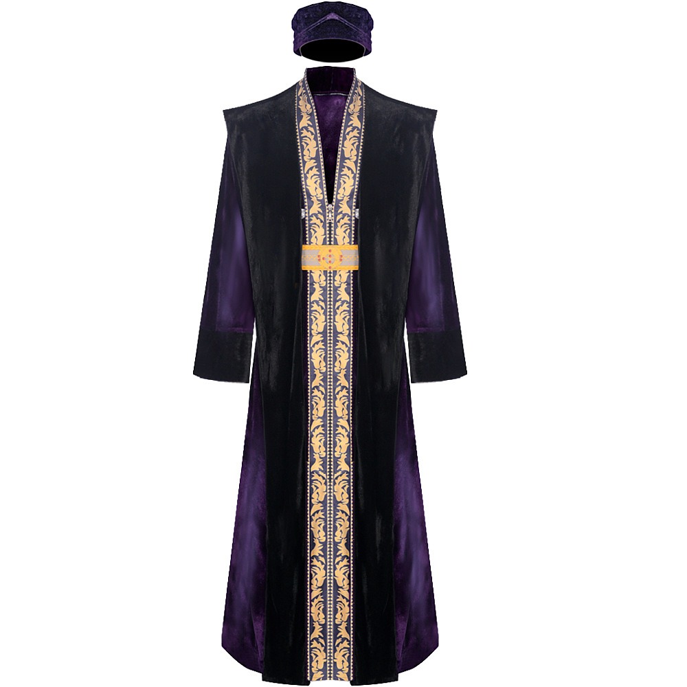 Albus Dumbledore purple robe with gold-patterned front panels, black shawl, round hat and gold belt