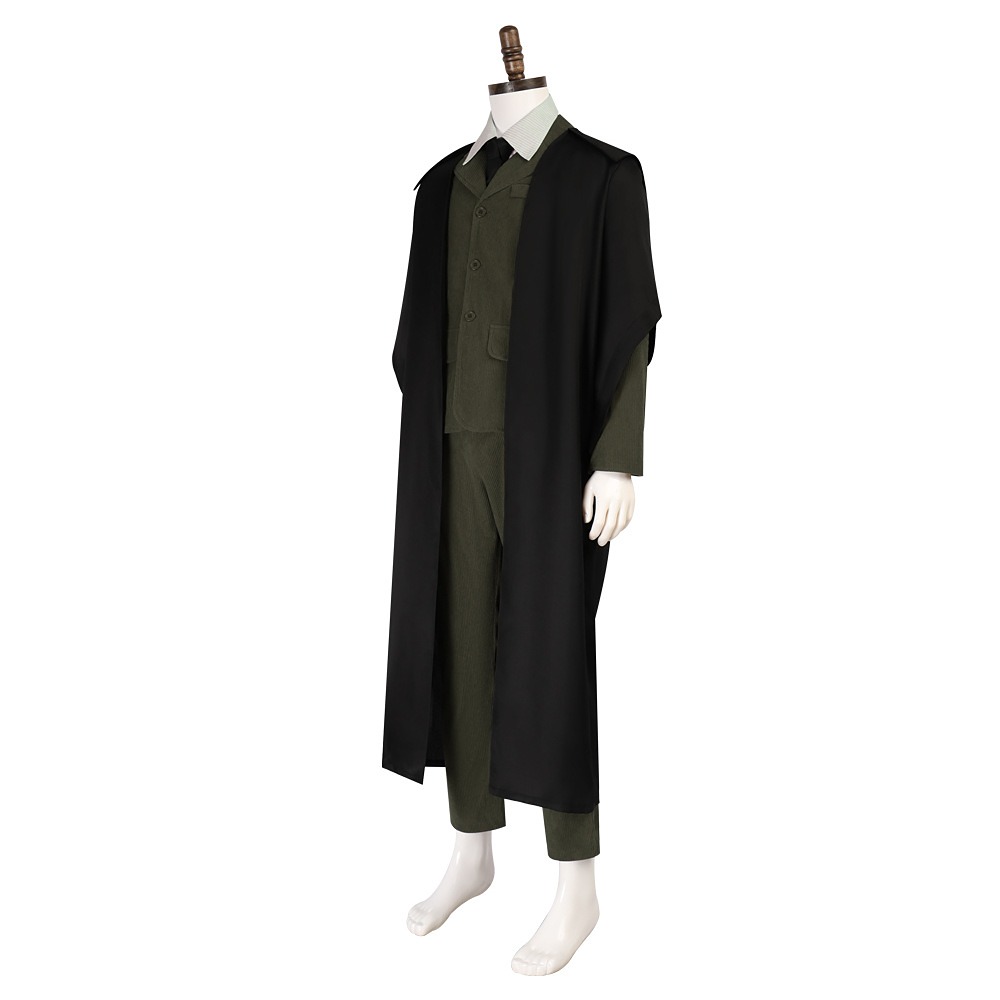 Remus Lupin cosplay costume with black caped coat, olive jacket and trousers, white shirt and black tie