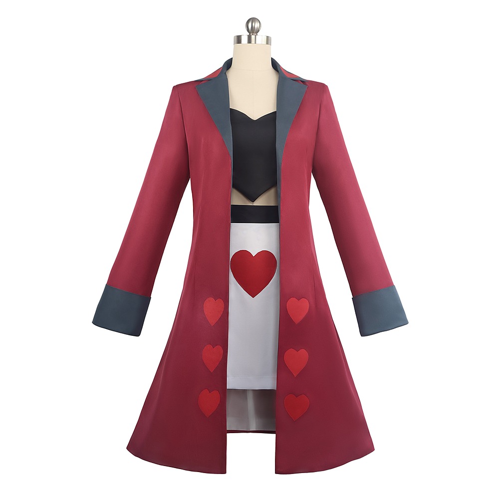 Velvette Season 2 cosplay costume with wine-red heart coat, black bandeau top and white heart-print skirt