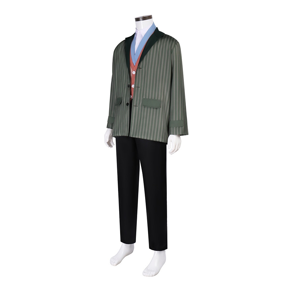 Home Alone Marv cosplay costume with green striped jacket, pink vest and black pants