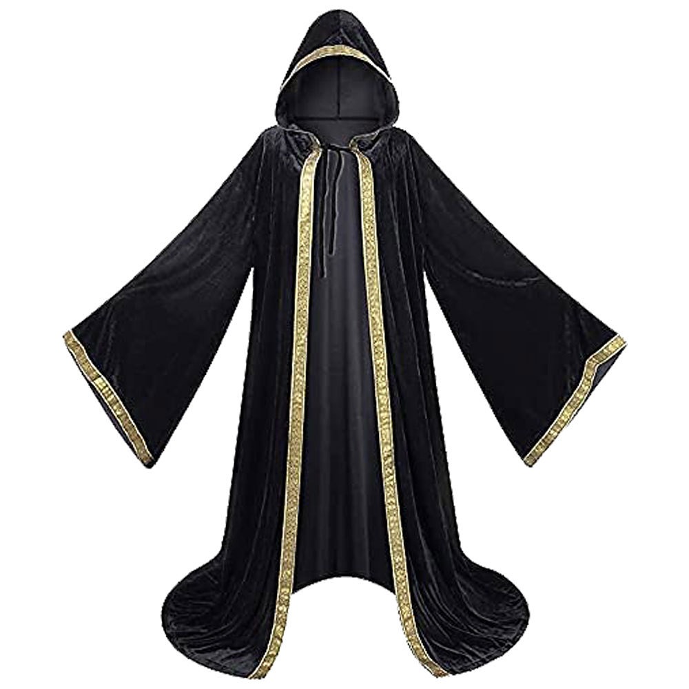 Black hooded velvet cosplay robe with gold braid trim and wide trumpet sleeves
