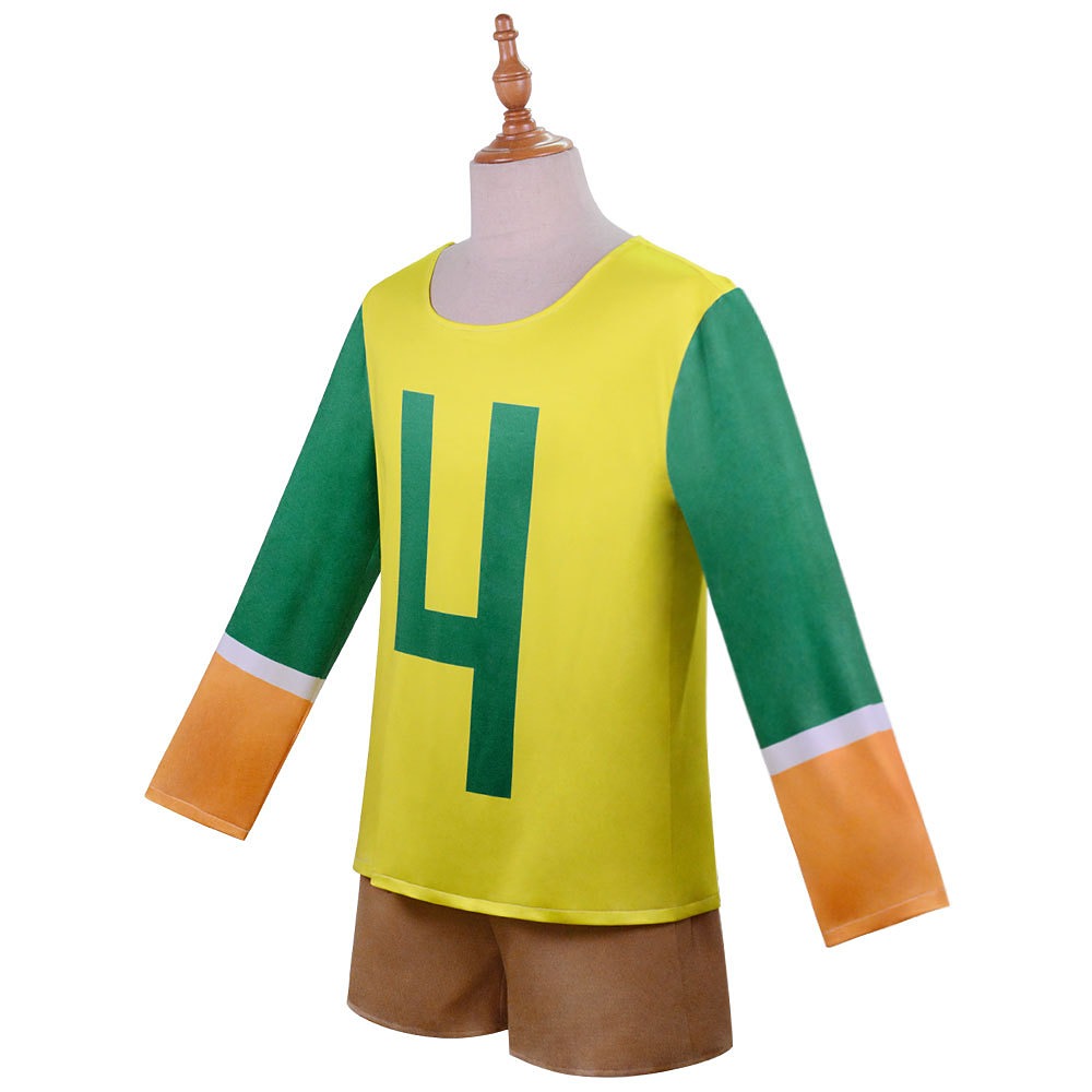 Hotel Transylvania Dennis cosplay costume with yellow number 4 soccer jersey and brown shorts