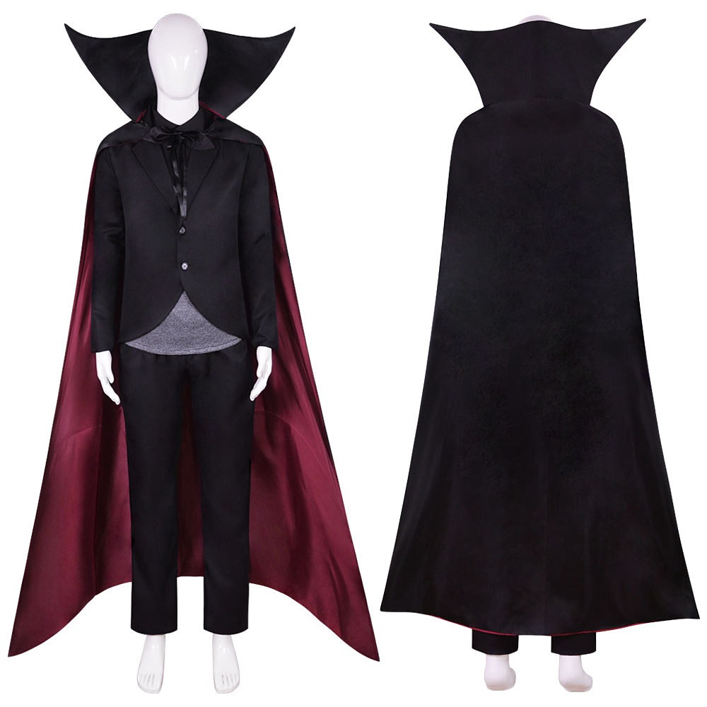 Hotel Transylvania Dracula black suit and high-collar cape with red lining, front and back